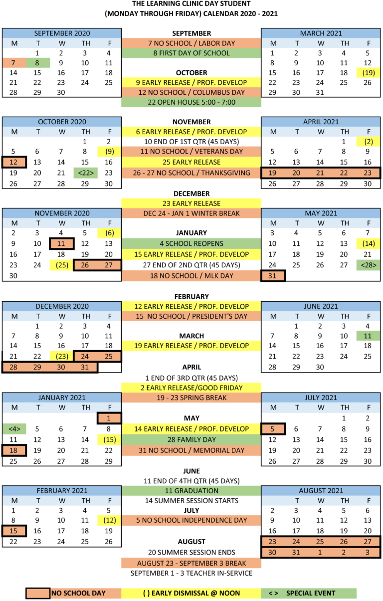 20202021 Day School Calendar The Learning Clinic